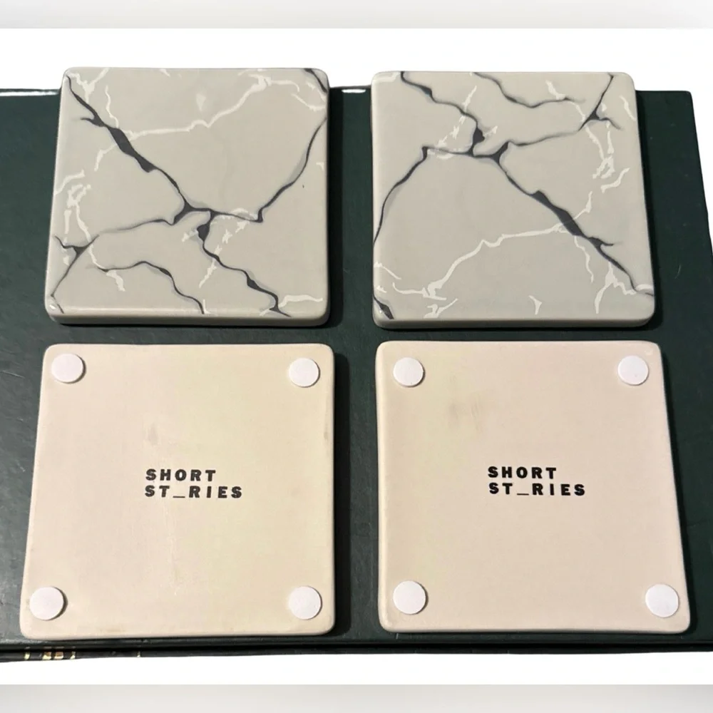 Short Stories White Marble Stone Coasters Set of Four New in Original Box